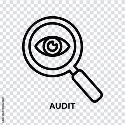 Black line icon of magnifying glass with eye for audit and inspection purposes