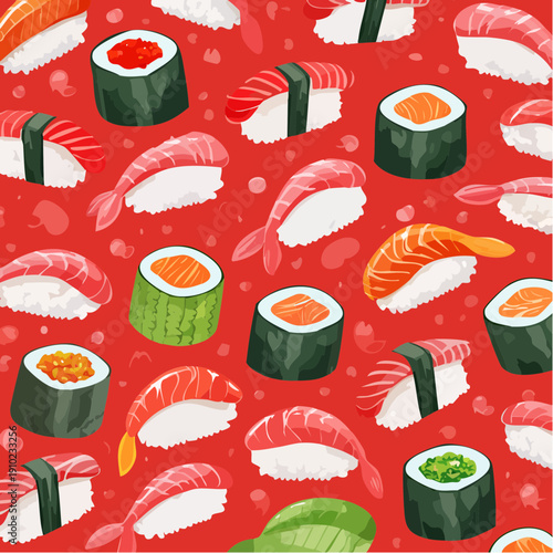 Colorful Sushi Pattern on Red Background