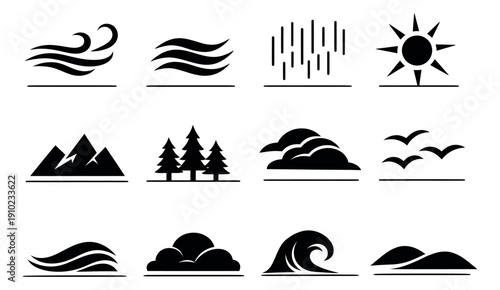 Simple nature and weather icon set featuring wind, rain, sun, mountains, trees, clouds, waves, birds, and hills for environmental and forecast designs