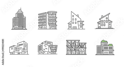 Collection of modern building sketches in black and white outline style.