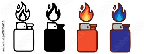 Set of Stylized Gas Lighter Icons with Colorful Flames