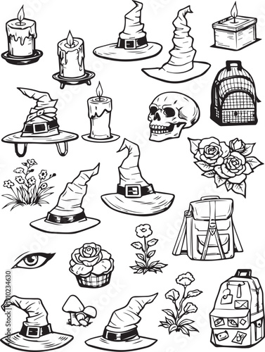 Hand-drawn Halloween witch line art set magical objects witch hats backpacks wildflowers witch eye symbol human skull candles mushrooms. Black and white outline clipart coloring pages stickers gothic 