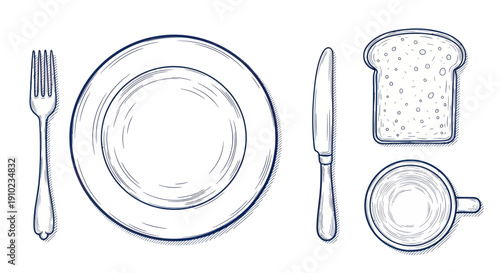 Breakfast setting with plate, fork, knife, bread, and cup.