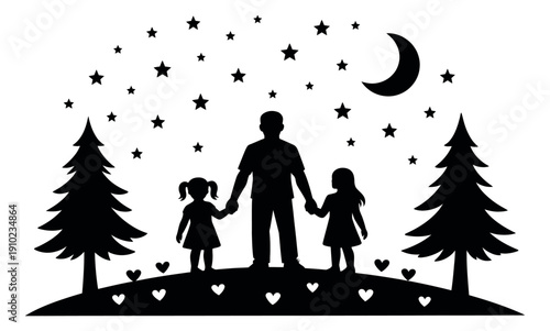 Silhouette illustration of a father and his two daughters depicting sharing a loving moment outdoors at night for family bonding and fatherhood