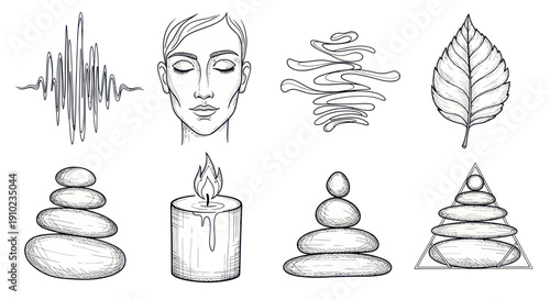 Collection of Hand-Drawn Wellness and Relaxation Elements.