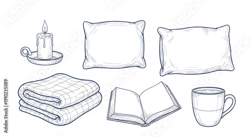 Cozy Comfort Collection - Hand-Drawn Sketch of Relaxation Essentials.