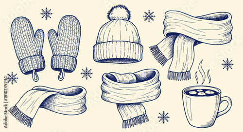 Cozy Winter Essentials Collection Hand Drawn Sketch.