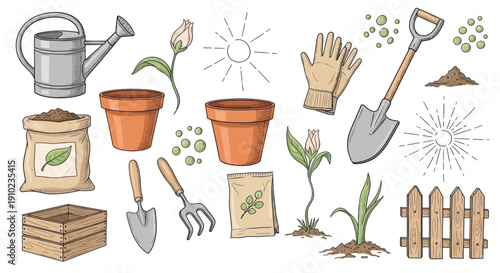 Gardening Tools and Supplies Collection for Planting and Cultivation.