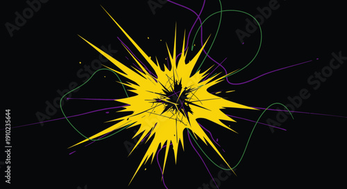 A dynamic yellow explosion creates a powerful, abstract burst of energy against a dark background, highlighted by swirling purple and green lines.