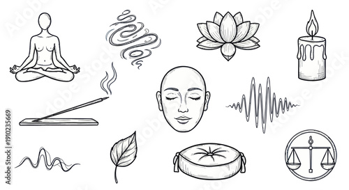 Hand Drawn Doodle Set of Meditation and Yoga Elements.