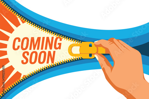 A hand unzipping a blue banner to reveal a coming soon message