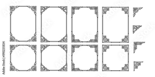 Set of vintage Asian frames and corner, Drawing traditional Chinese ornaments for your design, Asian elements oriental decorative
