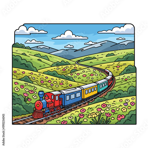 Colorful train journey through a vibrant landscape with flowers and mountains