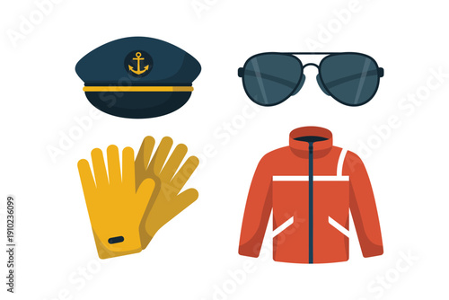 A collection of safety gear and nautical clothing items