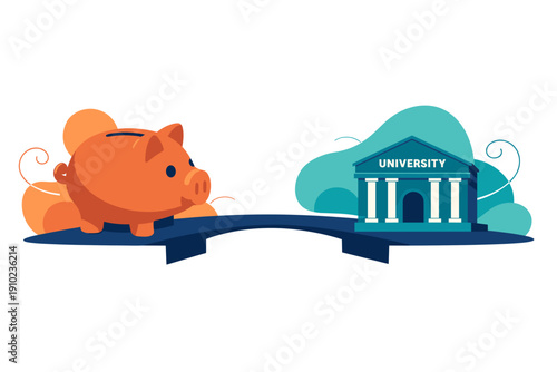 Piggy Bank Crossing Bridge To University Building Symbolizing Education Savings.
