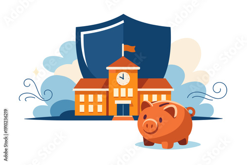 School Building Piggy Bank Shield Protection Financial Security.