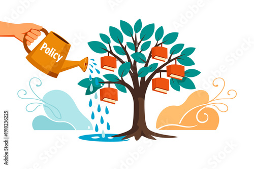 Policy watering can growing tree with books.