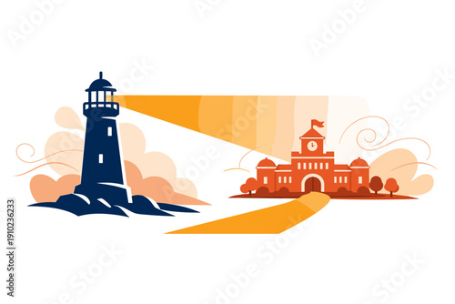 Lighthouse illuminates a building with bright orange light beams.