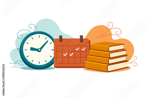 Time Management And Education Concept With Clock Calendar And Books.