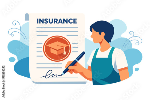 Young man signing an insurance policy document for education.