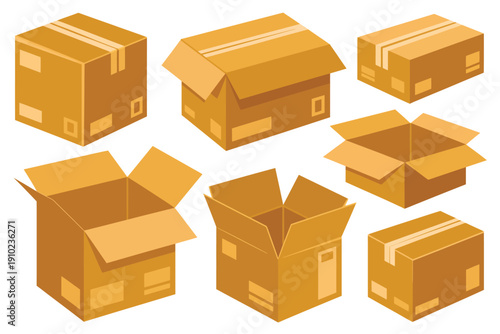 A collection of cardboard boxes in various states of opening