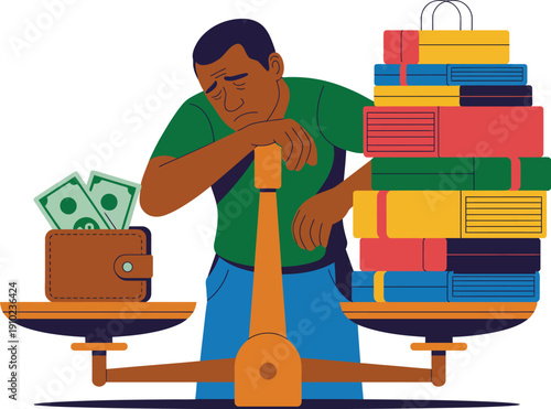 A man weighs money and books on a scale thoughtfully