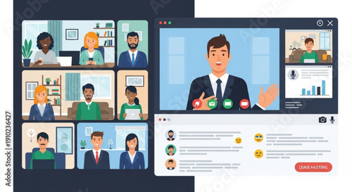 A vector graphic illustration of a business man presenting to a group of people in a virtual meeting on a computer screen