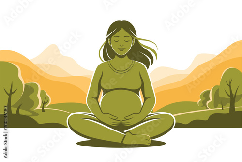 A serene pregnant woman meditating in a natural landscape