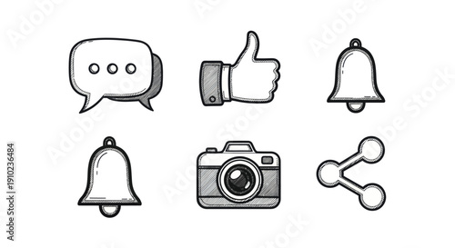 Hand drawn social media icons set with camera and notification bells.