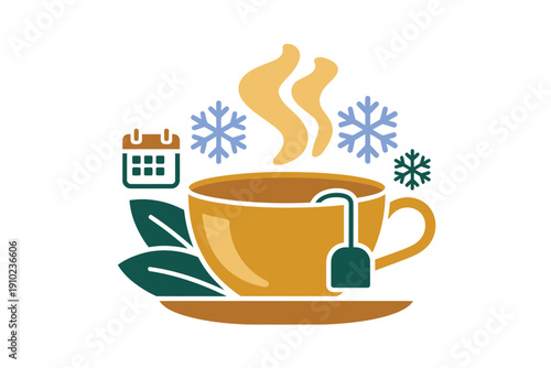 A warm cup of tea on a cold winter day with snowflakes and a calendar