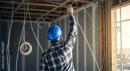 Construction worker installing electrical wiring in a building's ceiling