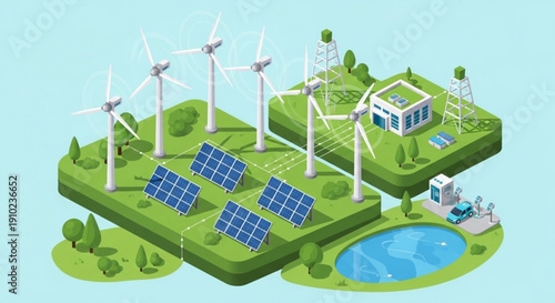 An isometric illustration of a sustainable eco-friendly community with renewable energy sources and green infrastructure
