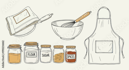 Hand-drawn Baking Ingredients and Utensils Collection for Culinary Creations.