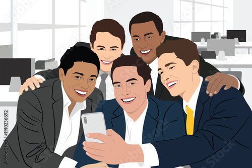 A group of diverse businessmen taking a selfie together in an office