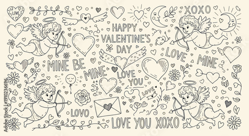 Hand drawn Valentines Day doodles with cupids hearts and love messages.