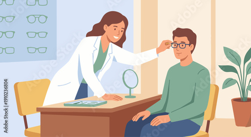 Optometrist Adjusting Glasses
Flat vector illustration of an optometrist adjusting eyeglasses for a patient. Friendly and attentive posture. Flat vector style, customer care focus.