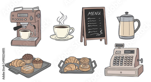 Hand-drawn collection of coffee shop essentials and bakery items.