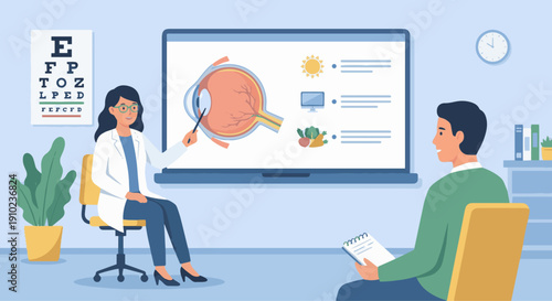 You said
Optometrist Teaching Eye Care

Flat vector illustration of an optometrist explaining eye care tips using a poster or screen with eye diagram. Flat vector style, educational tone.
