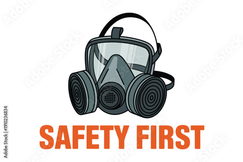 A safety mask with the words 'SAFETY FIRST' on a white background