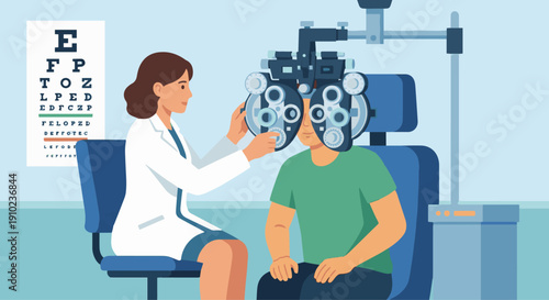 Optometrist Performing Eye Exam
Flat vector illustration of an optometrist examining a patient’s eyes using a phoropter machine. Eye chart visible in background. Clean flat vector style, solid colors