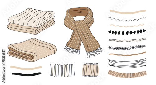Hand-drawn collection of cozy knitted blankets and a warm scarf with various decorative borders.