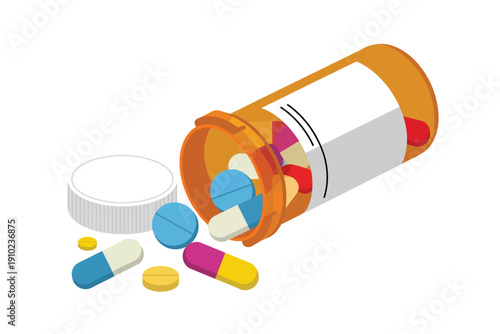 A bottle of colorful pills spilling out onto a surface