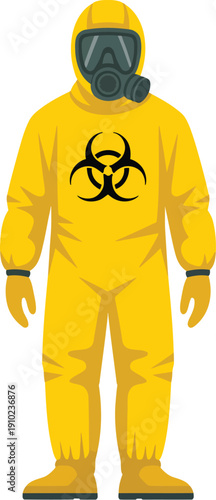 A person wearing a yellow hazmat suit with a biohazard symbol