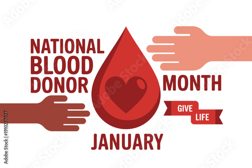 National Blood Donor Month graphic with red drop and hands