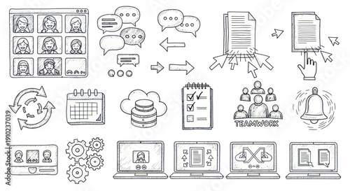 Hand-drawn doodle icons representing various business and technology concepts.