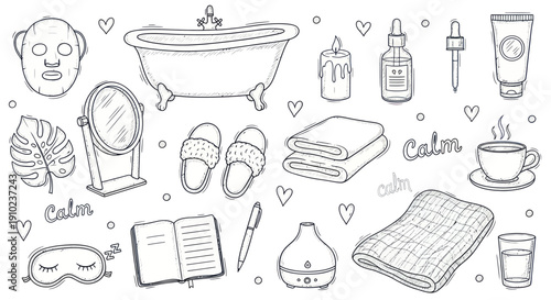 Hand-drawn doodle set of self-care and relaxation items for a spa day at home.