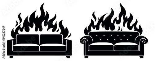 Graphic icon sofa set featuring burning couches for fire hazard warnings