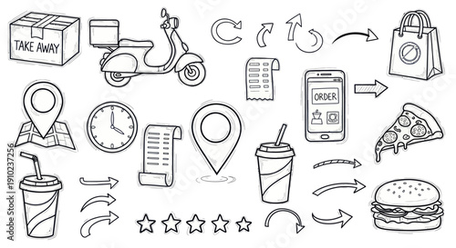 Hand-drawn doodle set of various food delivery and restaurant service icons.