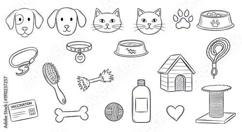 Hand-drawn doodle set of various pet care items and animal faces.
