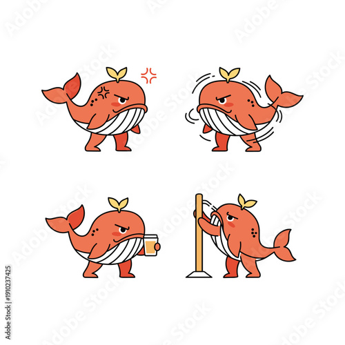 Cartoon goldfish with different emotions and actions in a minimalist style